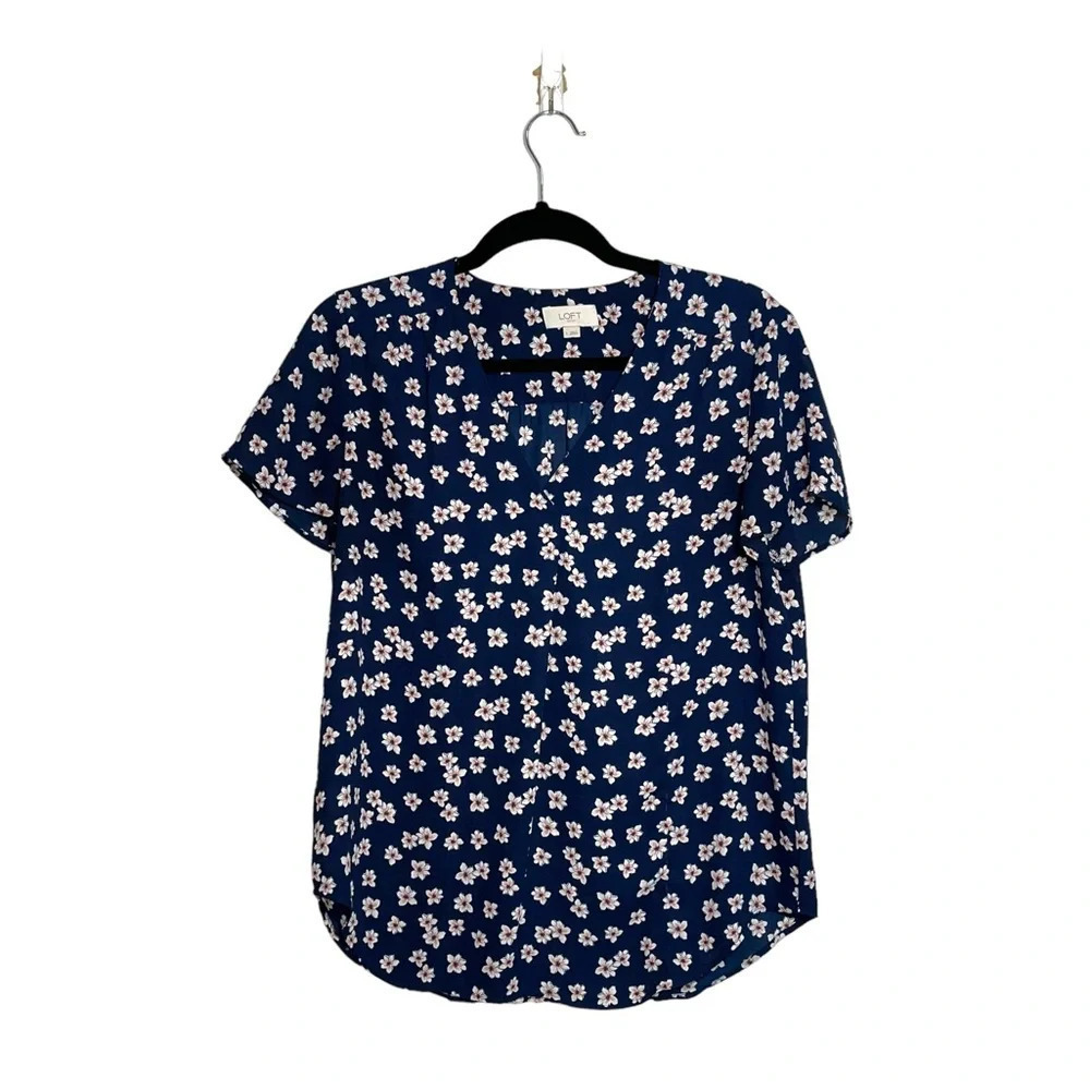 LOFT Outlet Navy Blue & Pink Floral Print Flutter Sleeve Blouse Small Women’s